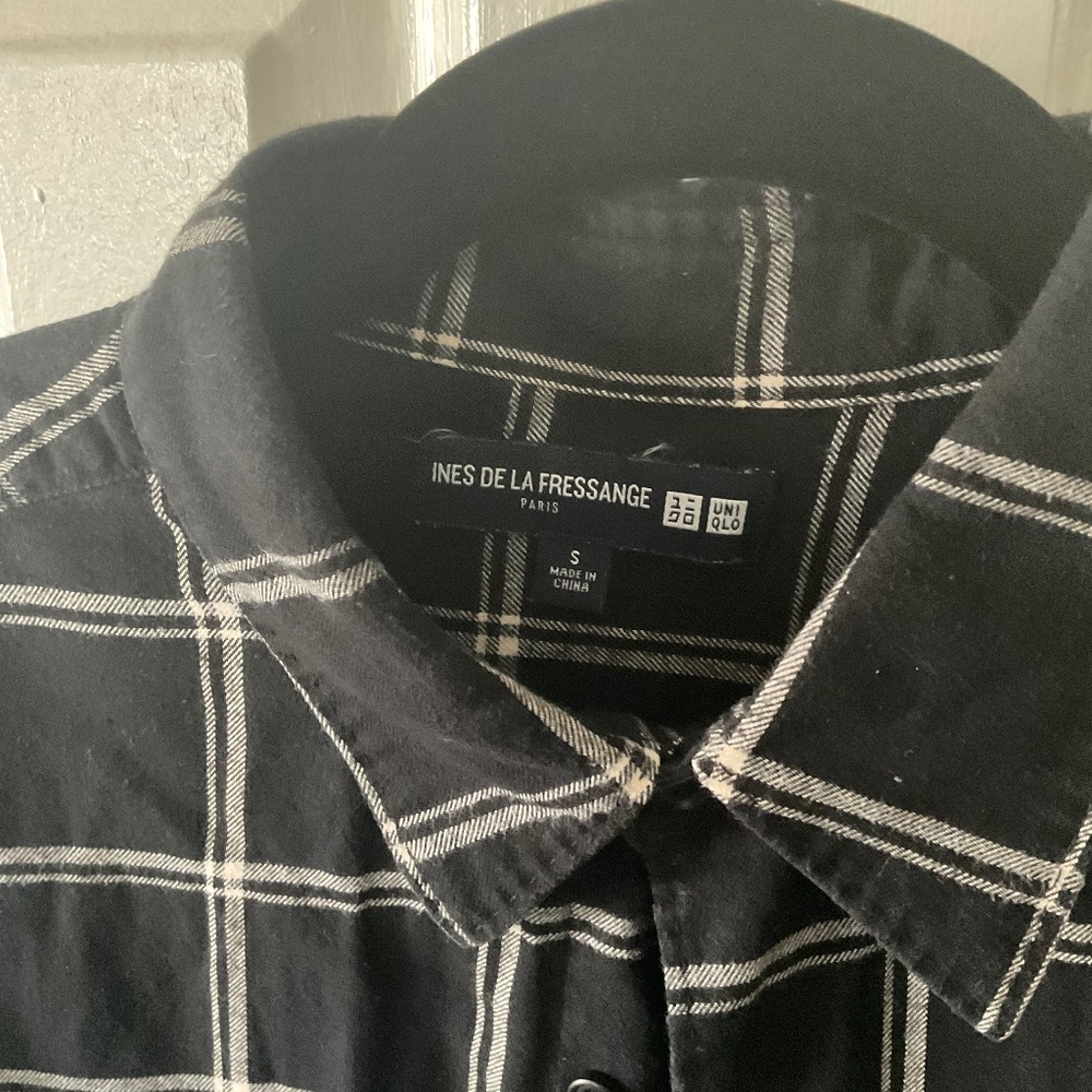Ines De La Fressange x Uniqlo Black Flannal Button-Down Flannel Shirt S Small